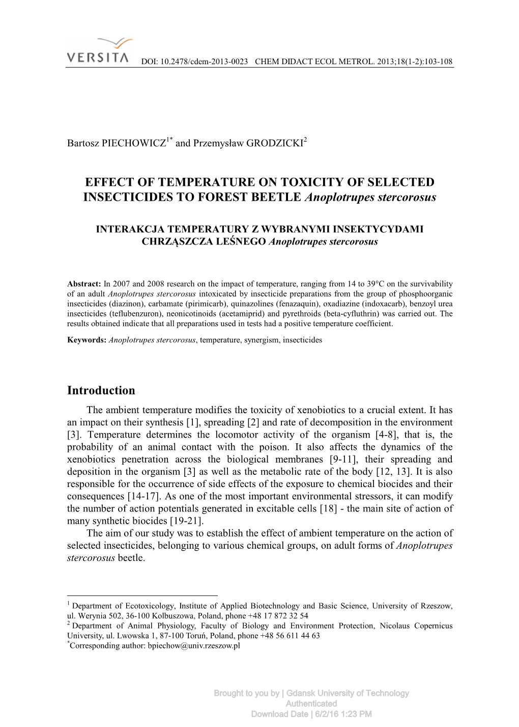 EFFECT of TEMPERATURE on TOXICITY of SELECTED INSECTICIDES to FOREST BEETLE Anoplotrupes Stercorosus