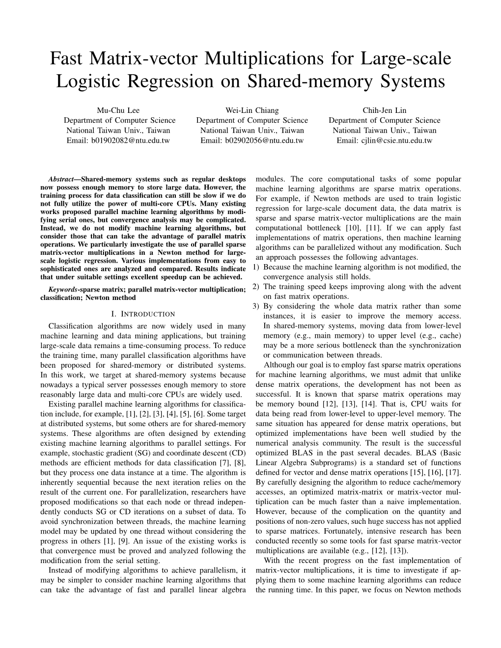 Fast Matrix-Vector Multiplications for Large-Scale Logistic Regression on Shared-Memory Systems