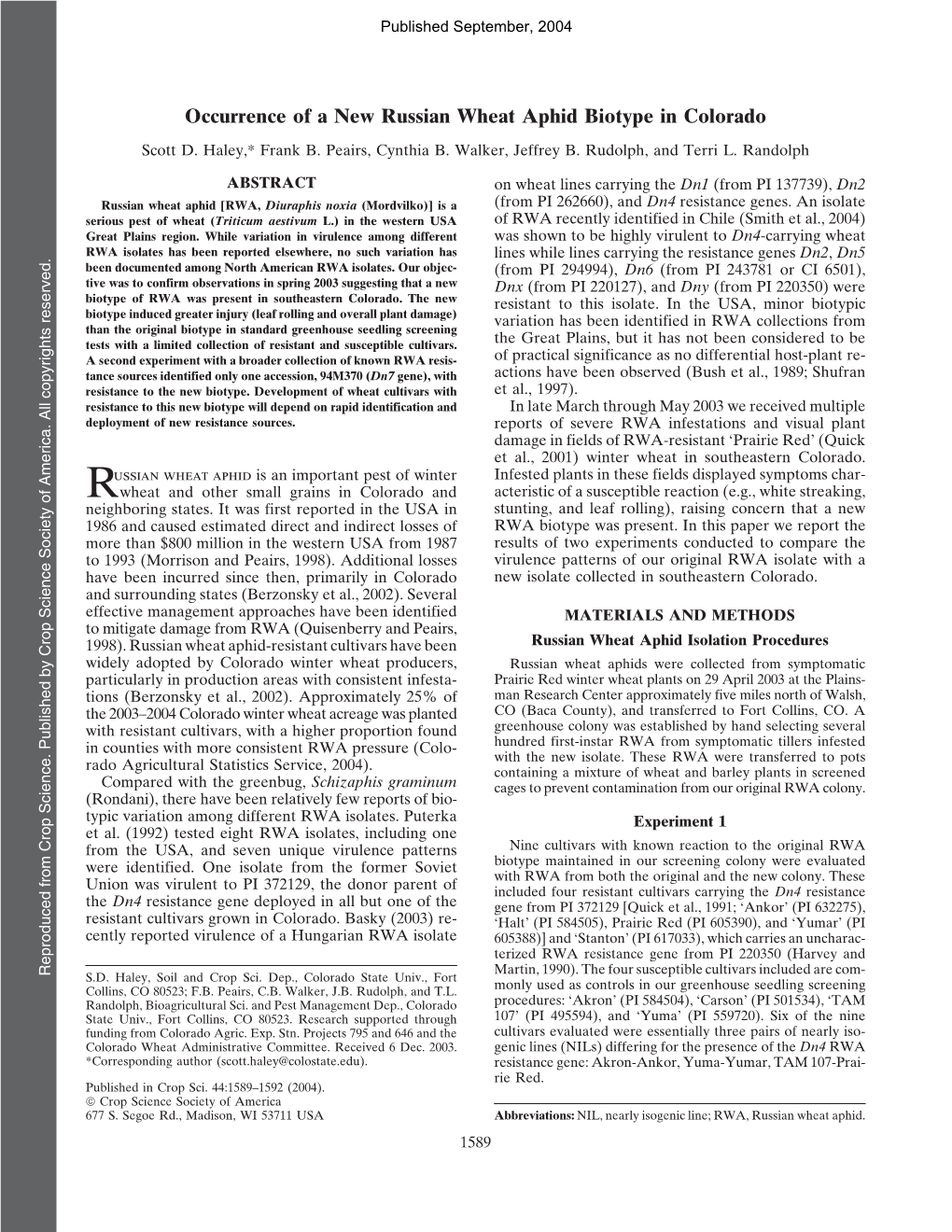 Occurrence of a New Russian Wheat Aphid Biotype in Colorado