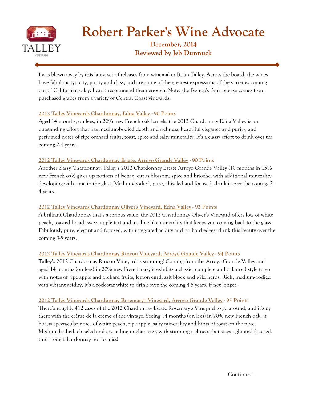 Robert Parker's Wine Advocate December, 2014 Reviewed by Jeb Dunnuck