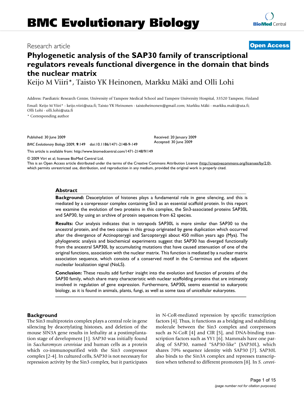 Phylogenetic Analysis of the SAP30 Family of Transcriptional Regulators