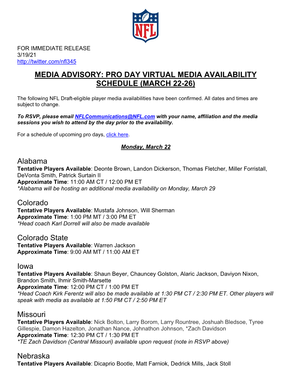 Pro Day Virtual Media Availability Schedule (March 22-26)