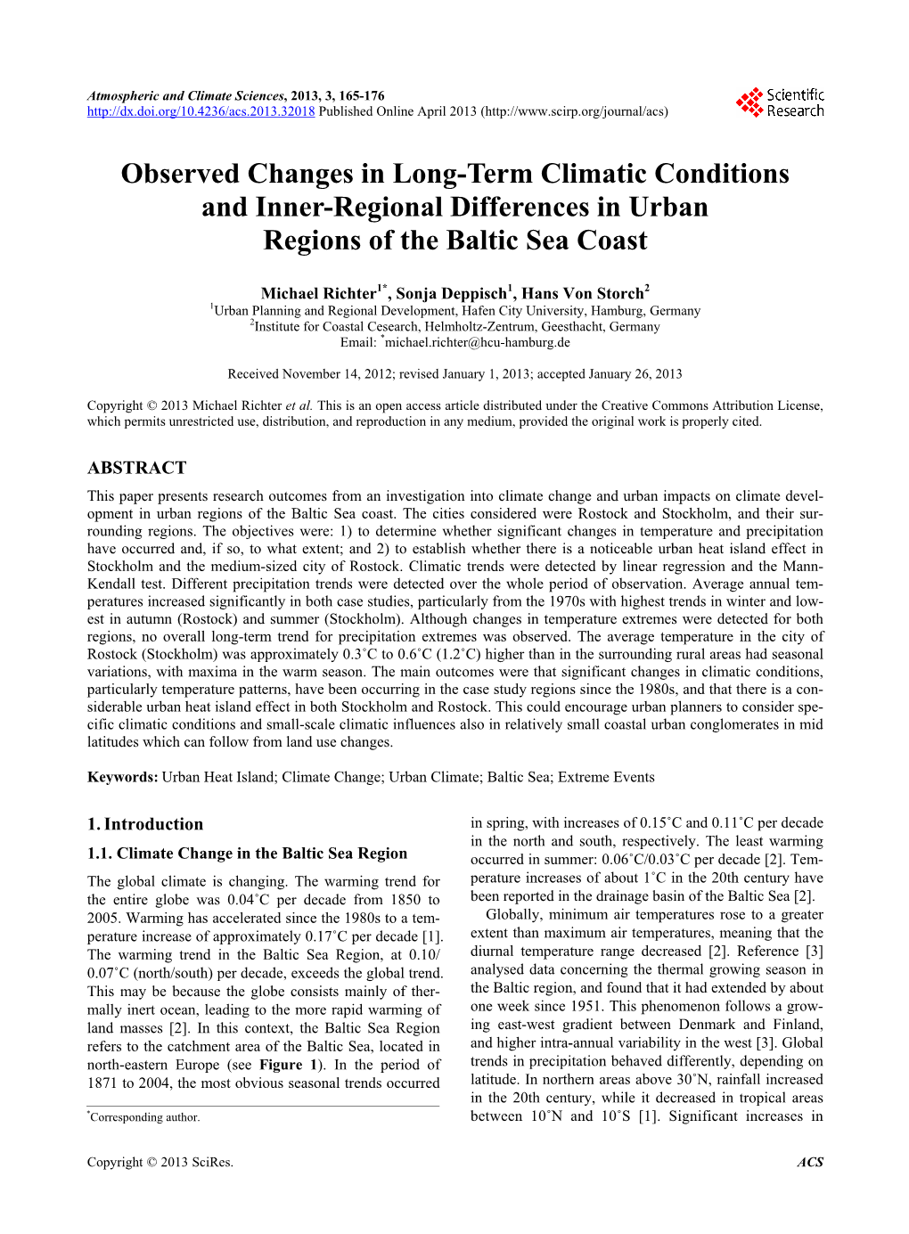 Observed Changes in Long-Term Climatic Conditions and Inner-Regional Differences in Urban Regions of the Baltic Sea Coast