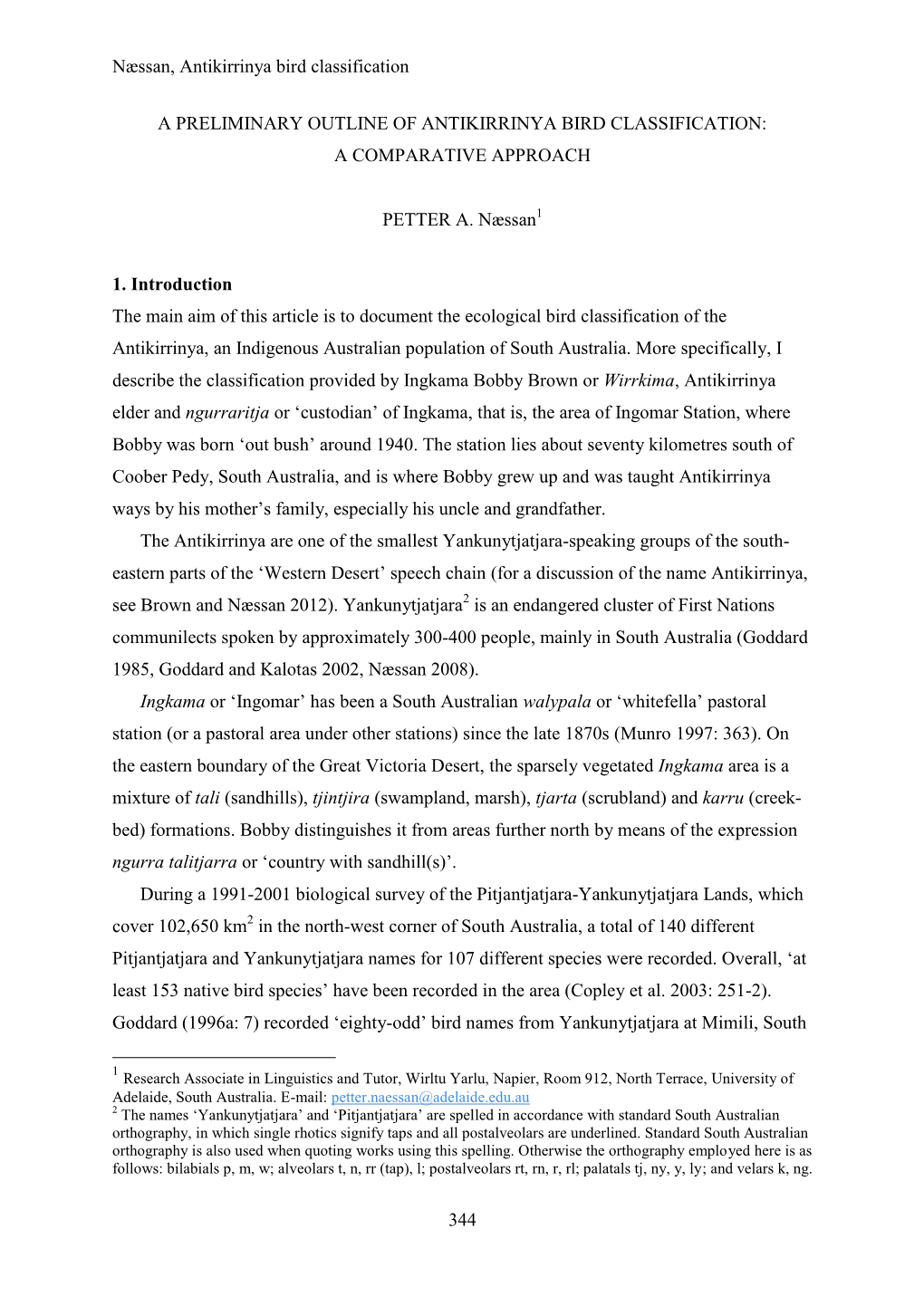 A Preliminary Outline of Antikirrinya Bird Classification: a Comparative Approach