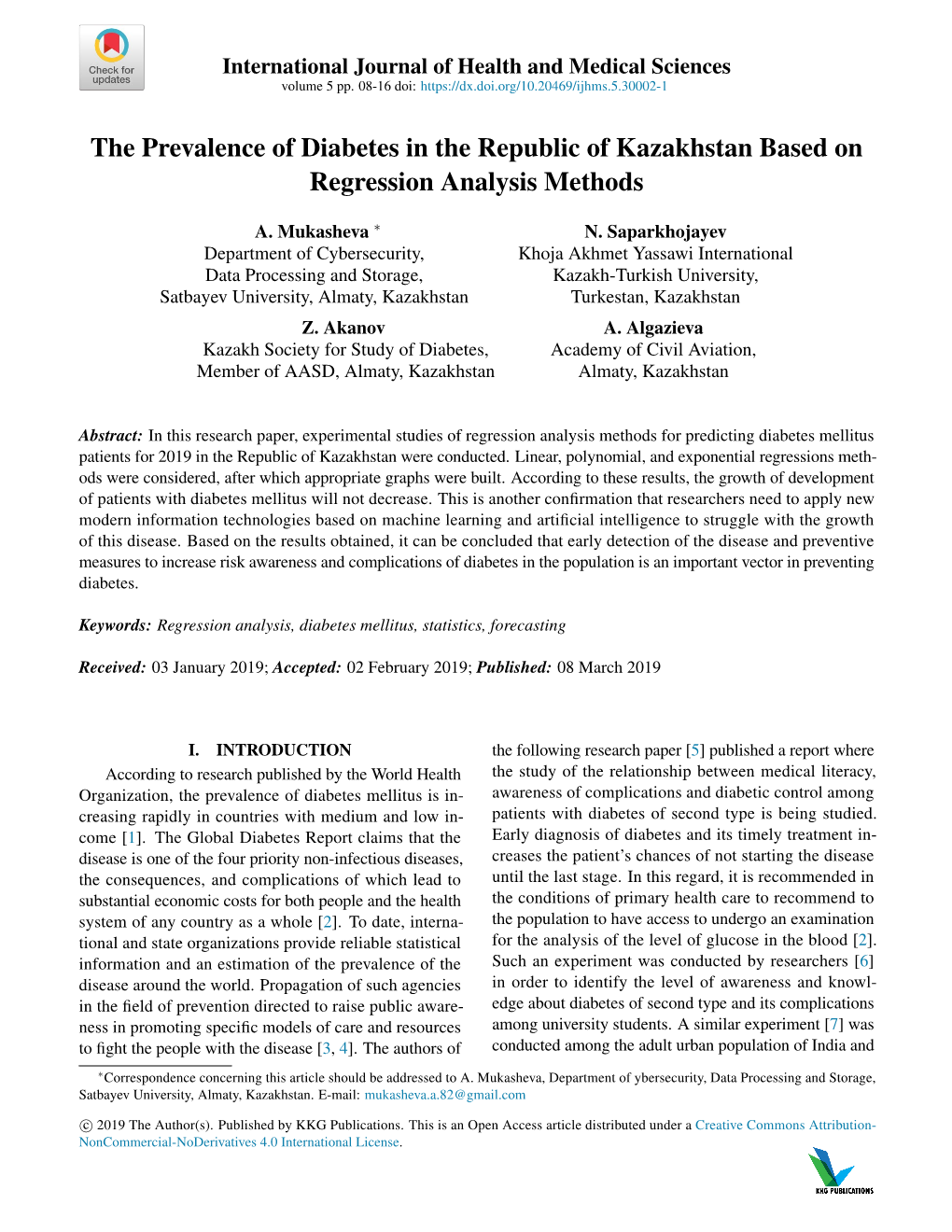 The Prevalence of Diabetes in the Republic of Kazakhstan Based on Regression Analysis Methods