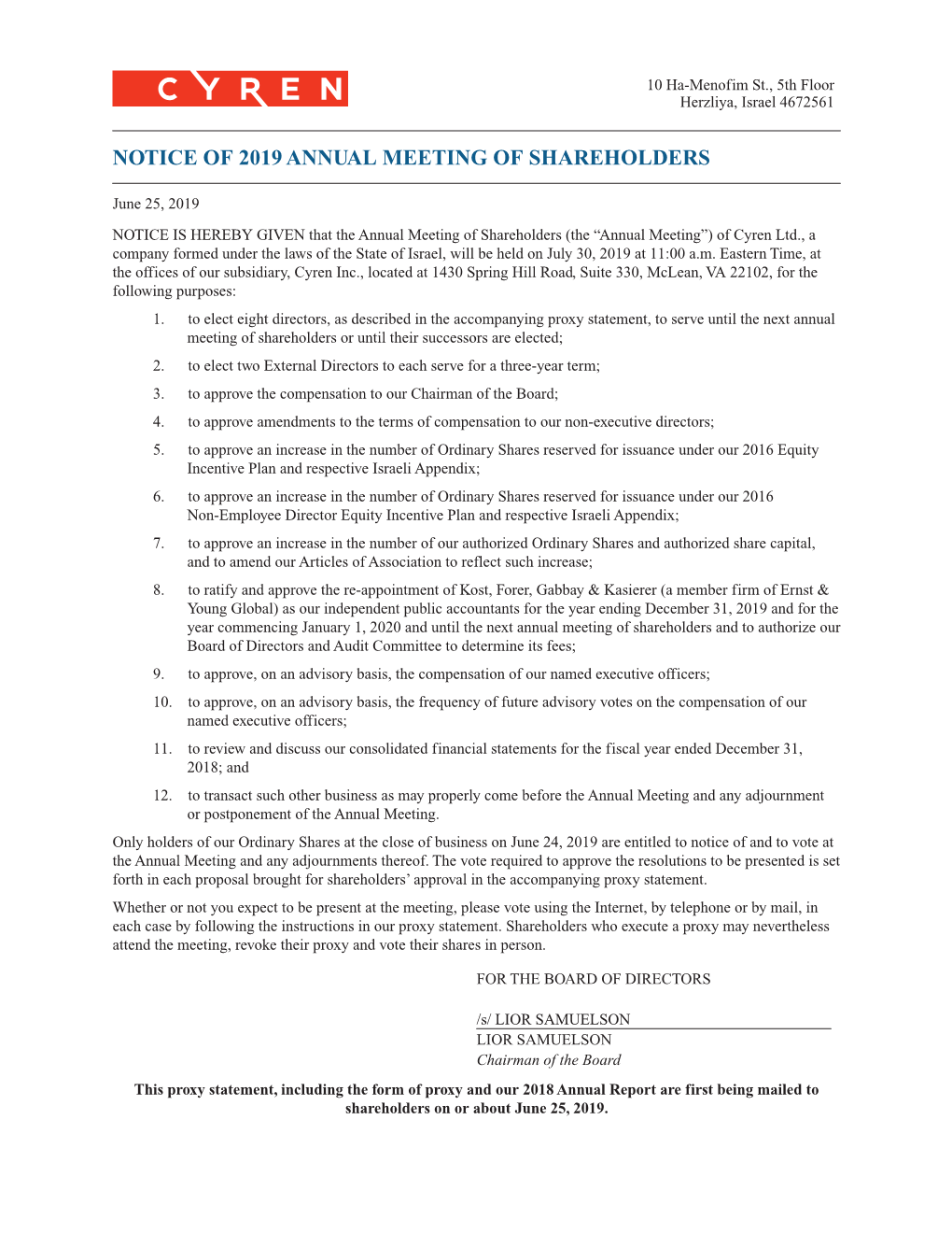 Notice of 2019 Annual Meeting of Shareholders