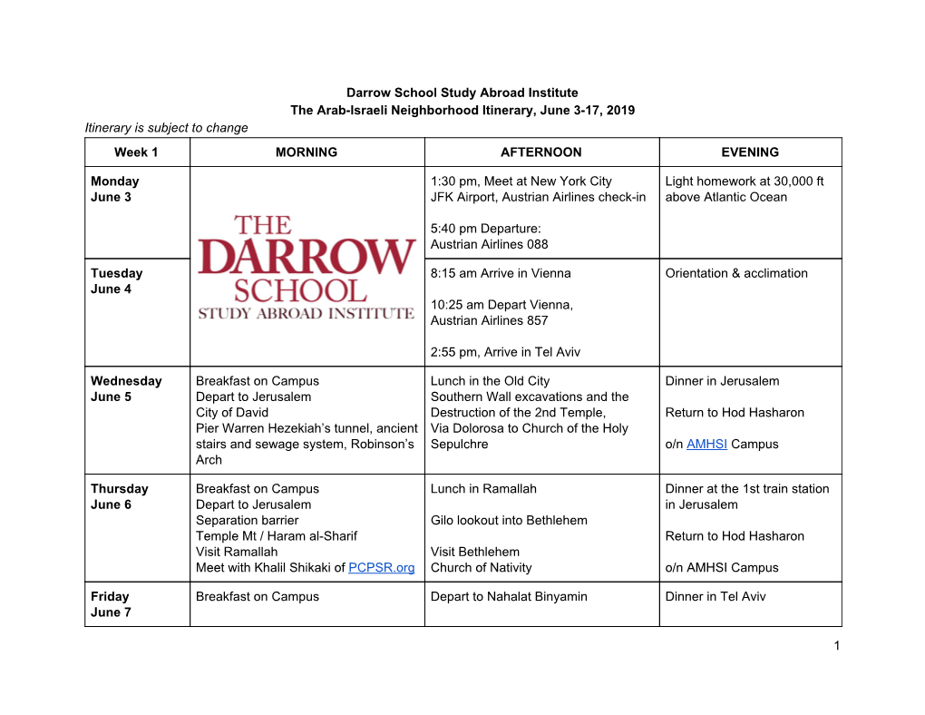 Darrow School Study Abroad Institute the Arab-Israeli Neighborhood Itinerary, June 3-17, 2019 Itinerary Is Subject to Change Week 1 MORNING AFTERNOON EVENING