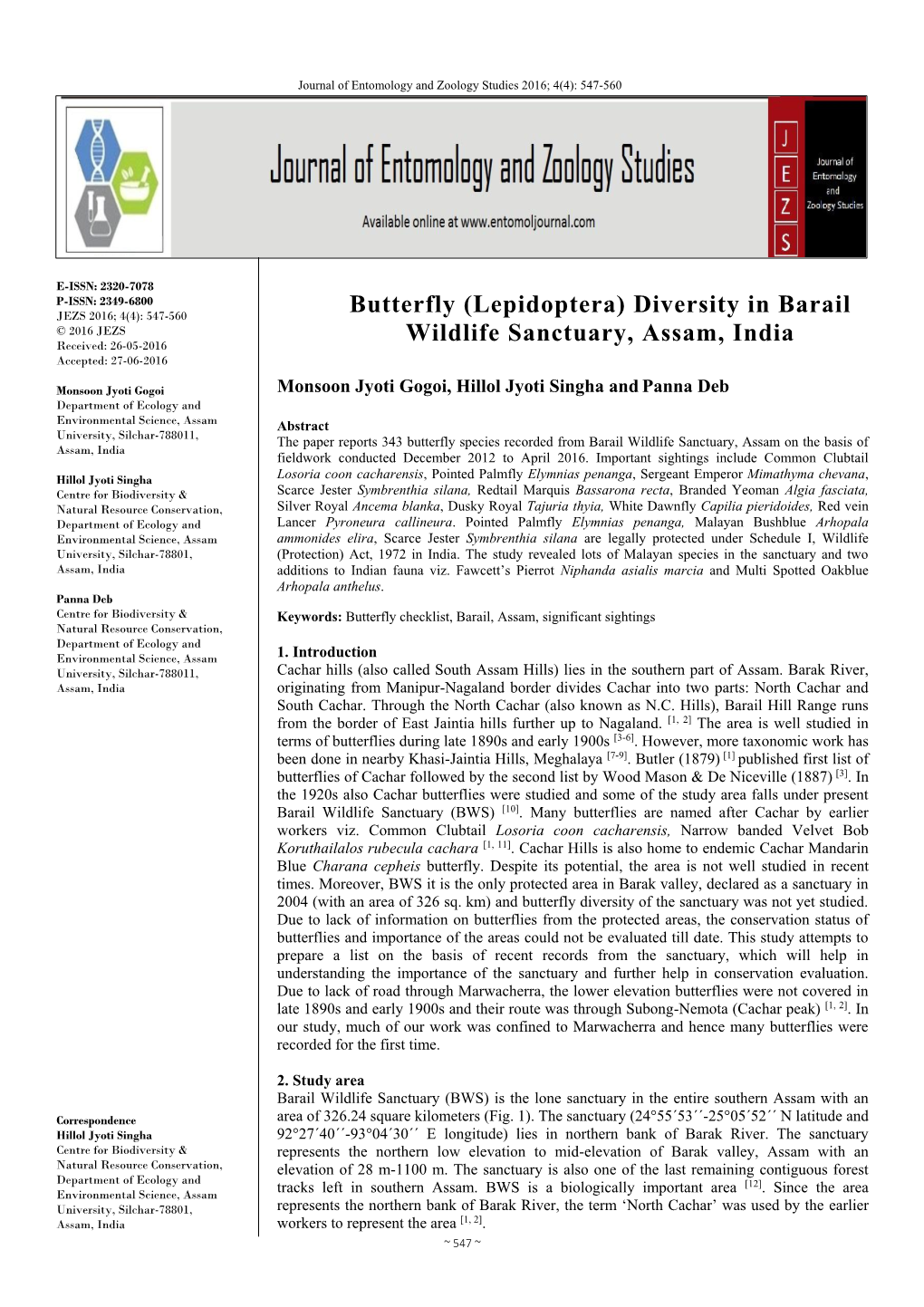 Butterfly (Lepidoptera) Diversity in Barail Wildlife Sanctuary, Assam