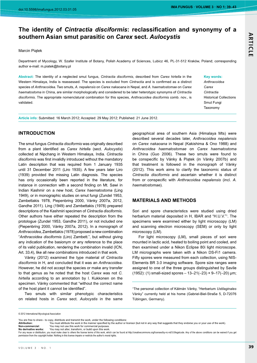 AR TICLE the Identity of Cintractia Disciformis