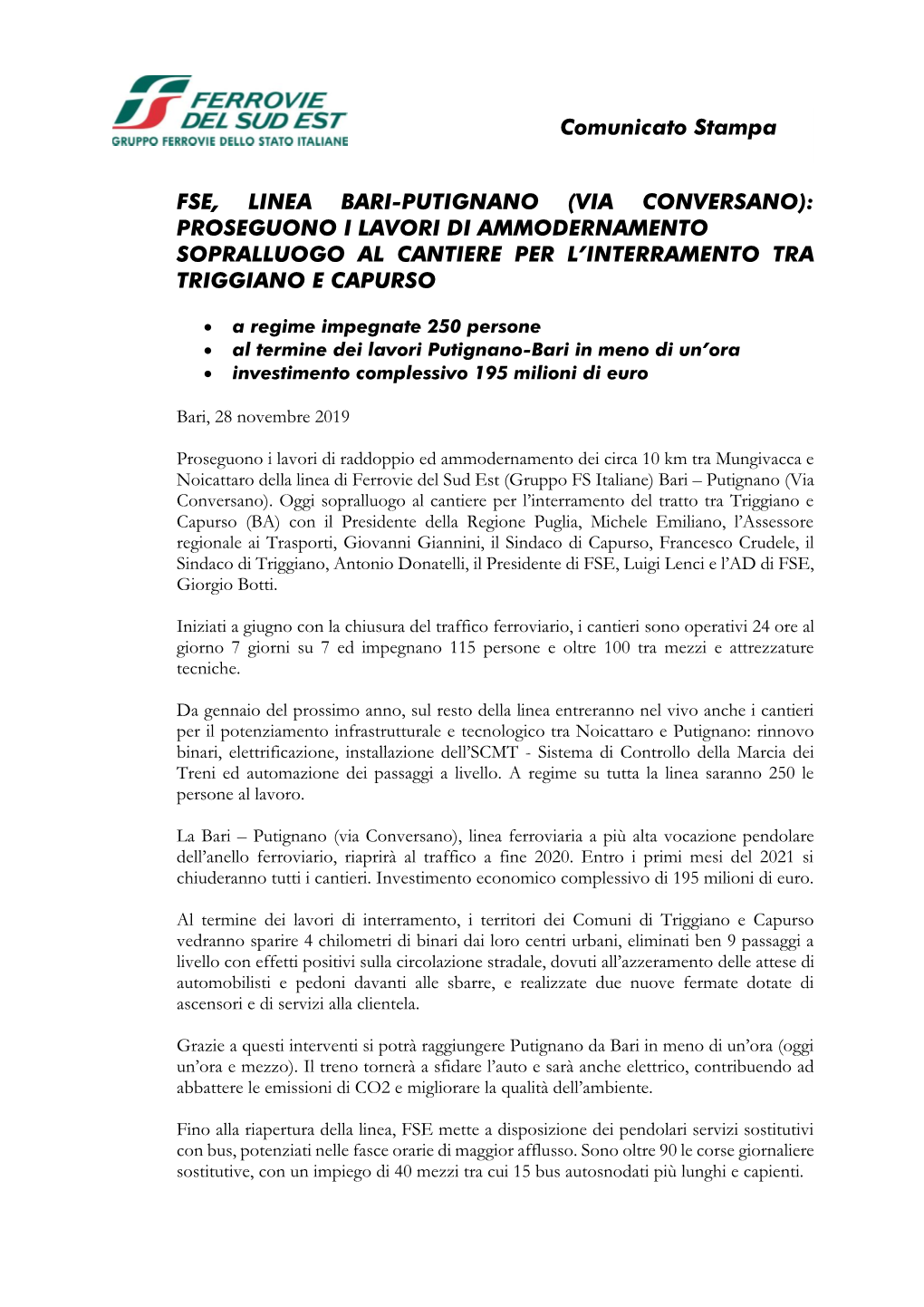 Linea Bari-Putignano (Via Conversano): Proseguono I Lavori Di Ammodernamento Sopralluogo Al Cantiere Per L’Interramento Tra Triggiano E Capurso