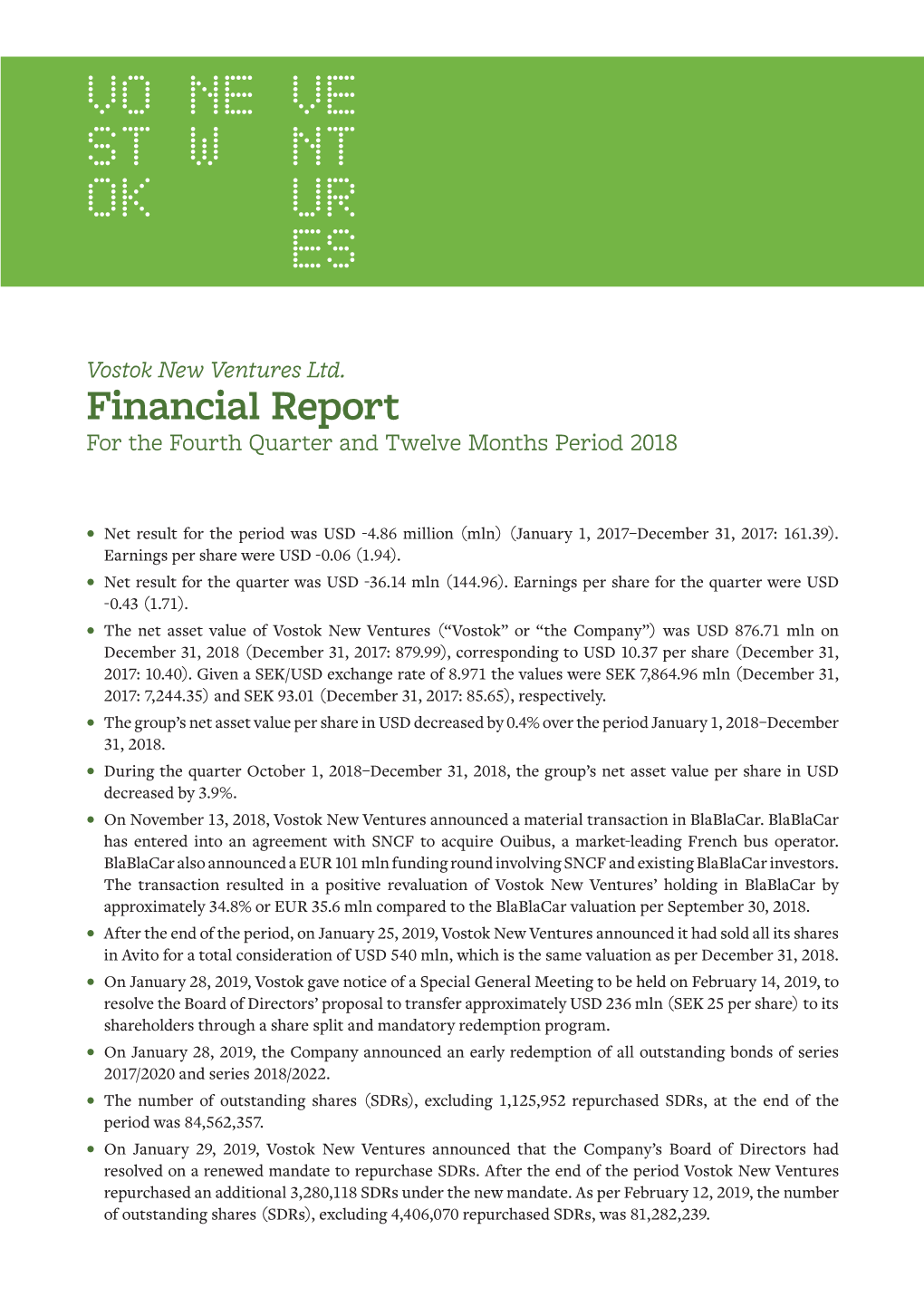 Financial Report for the Fourth Quarter and Twelve Months Period 2018