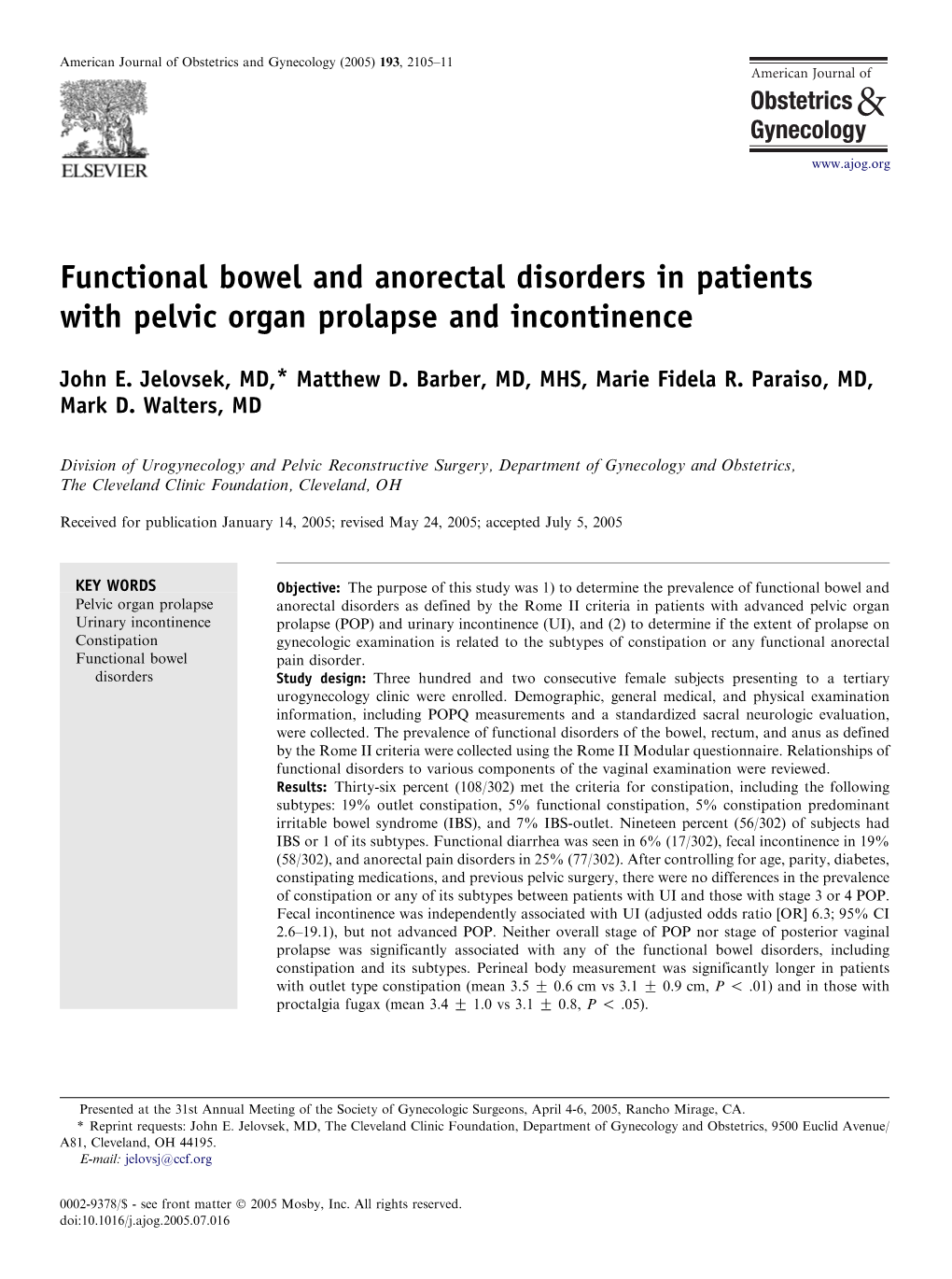 Functional Bowel and Anorectal Disorders in Patients with Pelvic Organ Prolapse and Incontinence