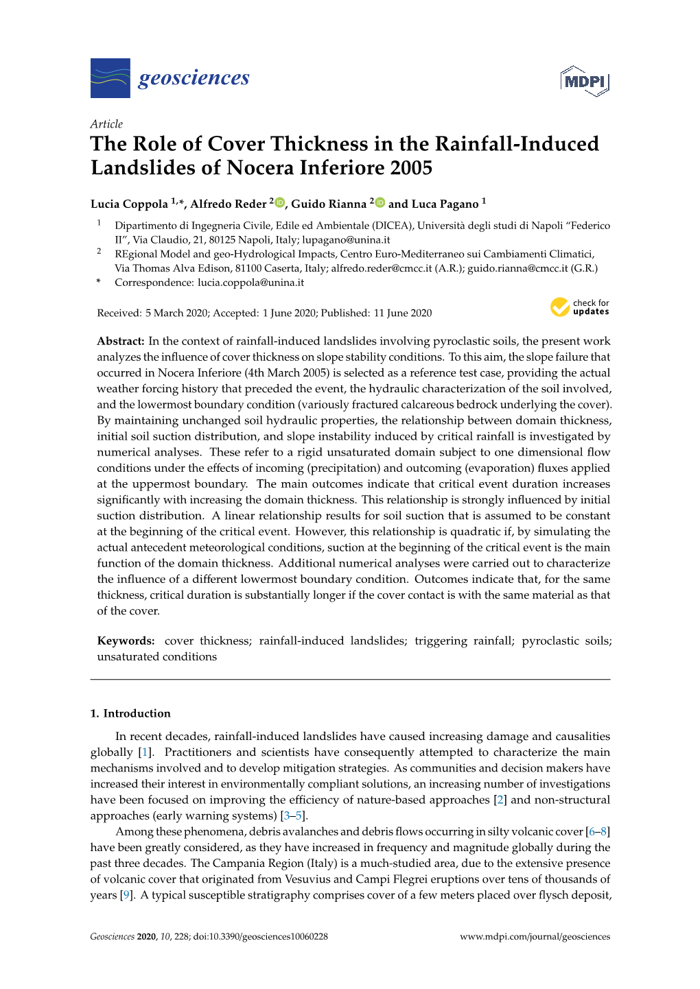 The Role of Cover Thickness in the Rainfall-Induced Landslides of Nocera Inferiore 2005