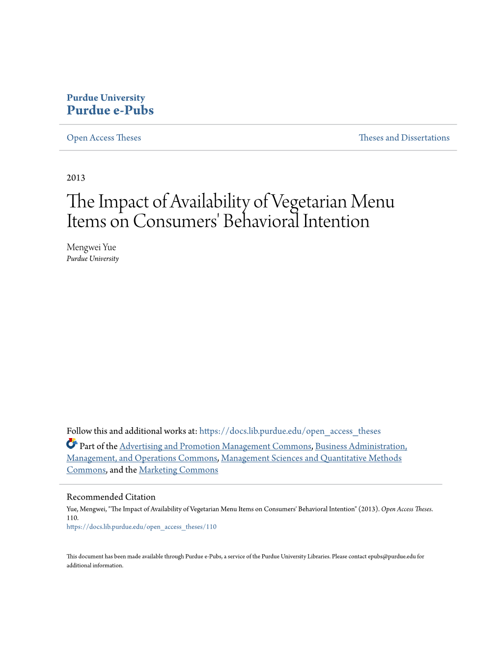 The Impact of Availability of Vegetarian Menu Items on Consumers' Behavioral Intention
