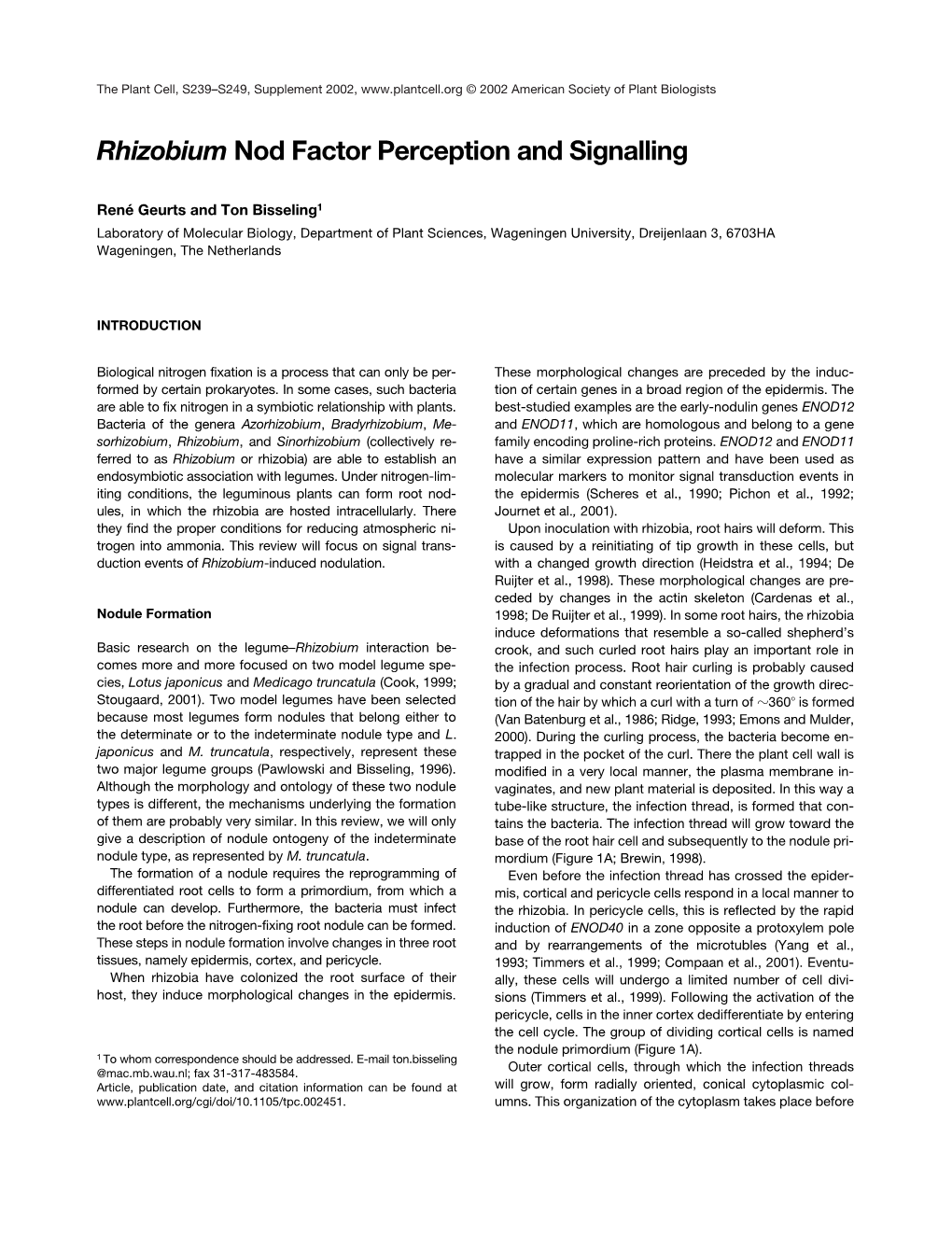 Rhizobium Nod Factor Perception and Signalling