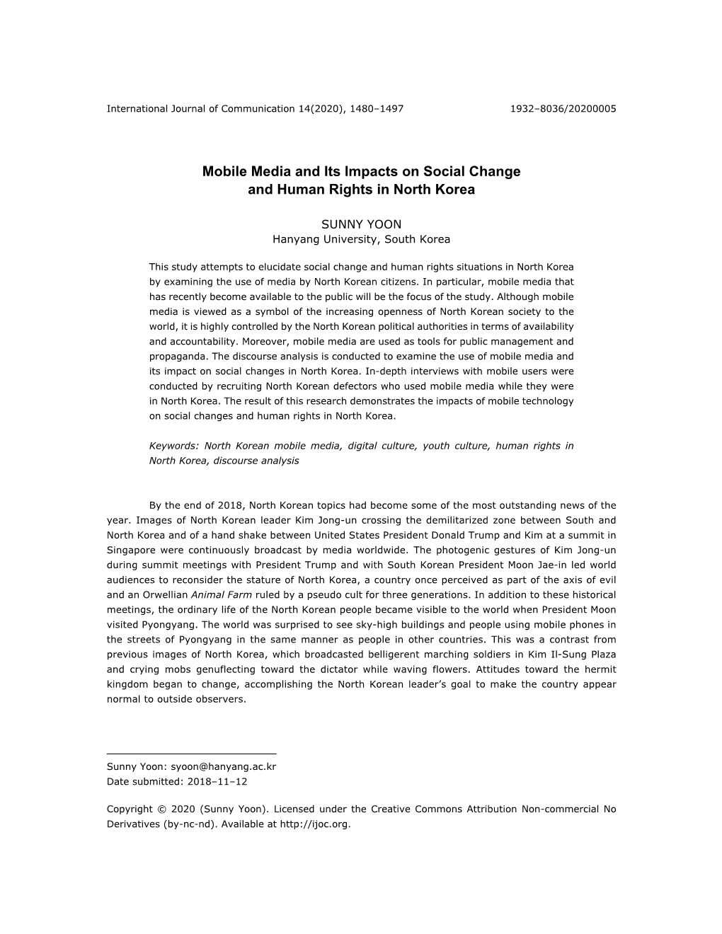 Mobile Media and Its Impacts on Social Change and Human Rights in North Korea