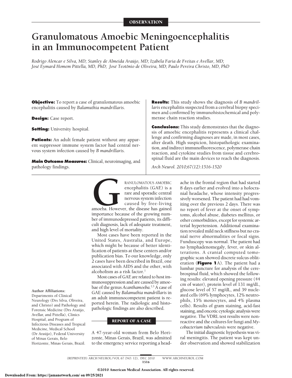 Granulomatous Amoebic Meningoencephalitis in an Immunocompetent Patient