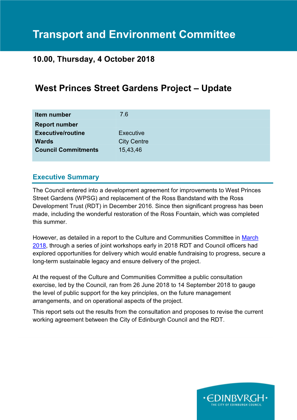 West Princes Street Gardens Project – Update