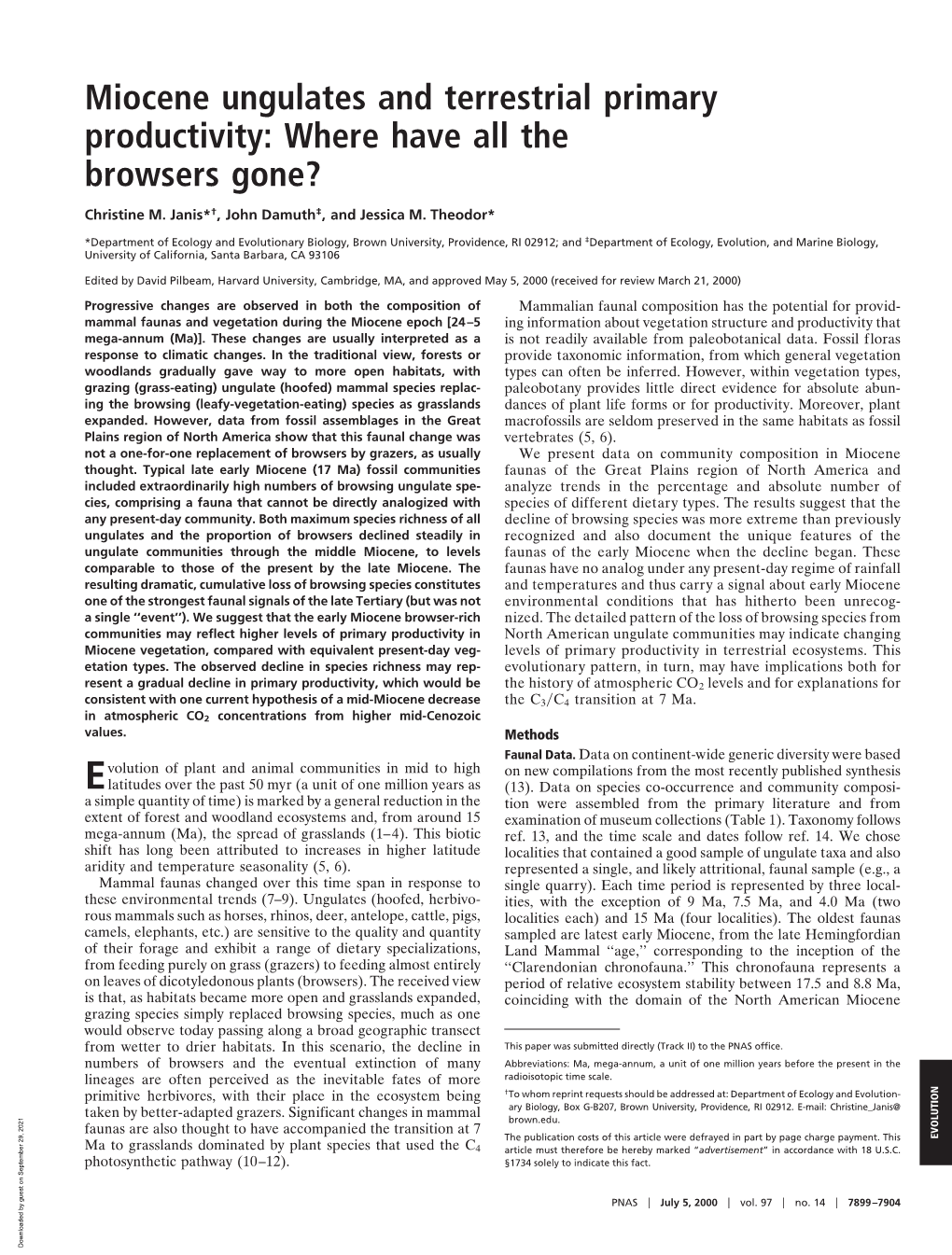 Miocene Ungulates and Terrestrial Primary Productivity: Where Have All the Browsers Gone?