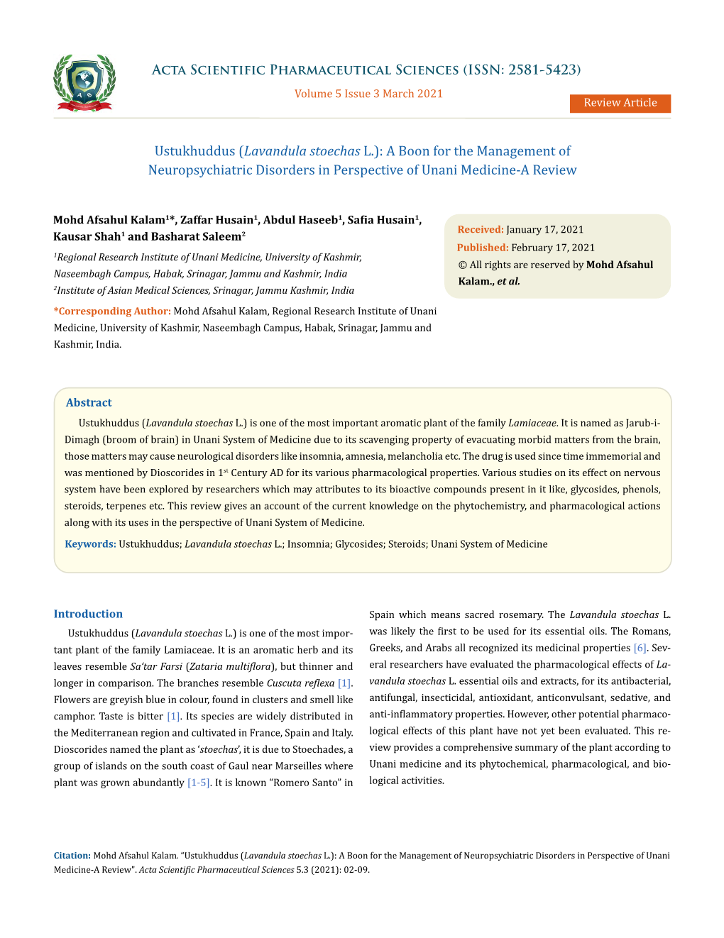 Ustukhuddus (Lavandula Stoechas L.): a Boon for the Management of Neuropsychiatric Disorders in Perspective of Unani Medicine-A Review