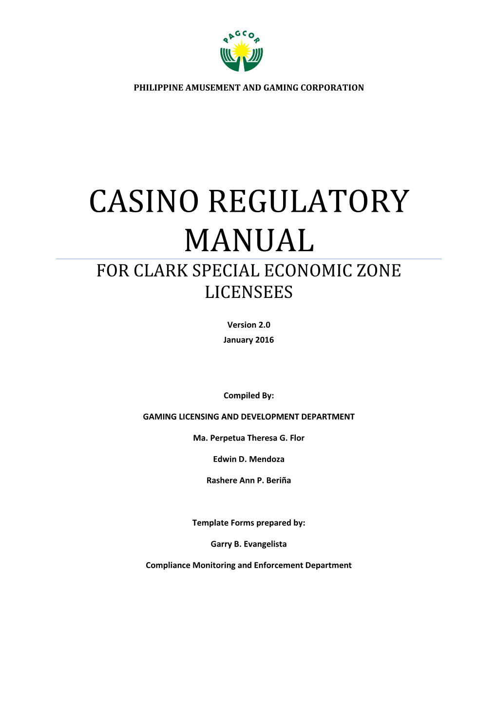 Casino Regulatory Manual for Clark Special Economic Zone Licensees