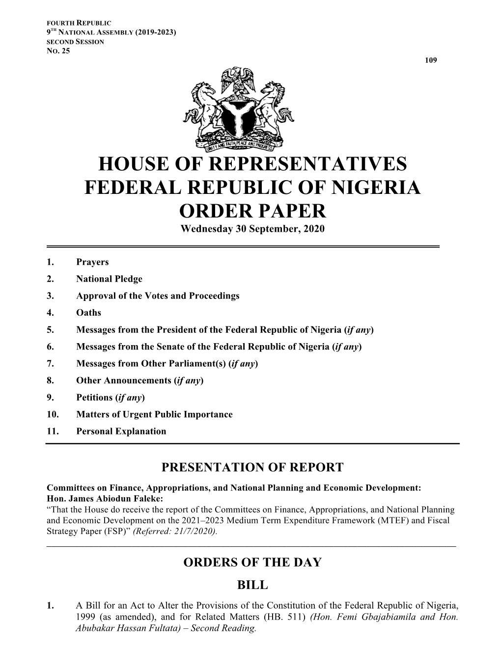 House Order Paper 30 September, 2020