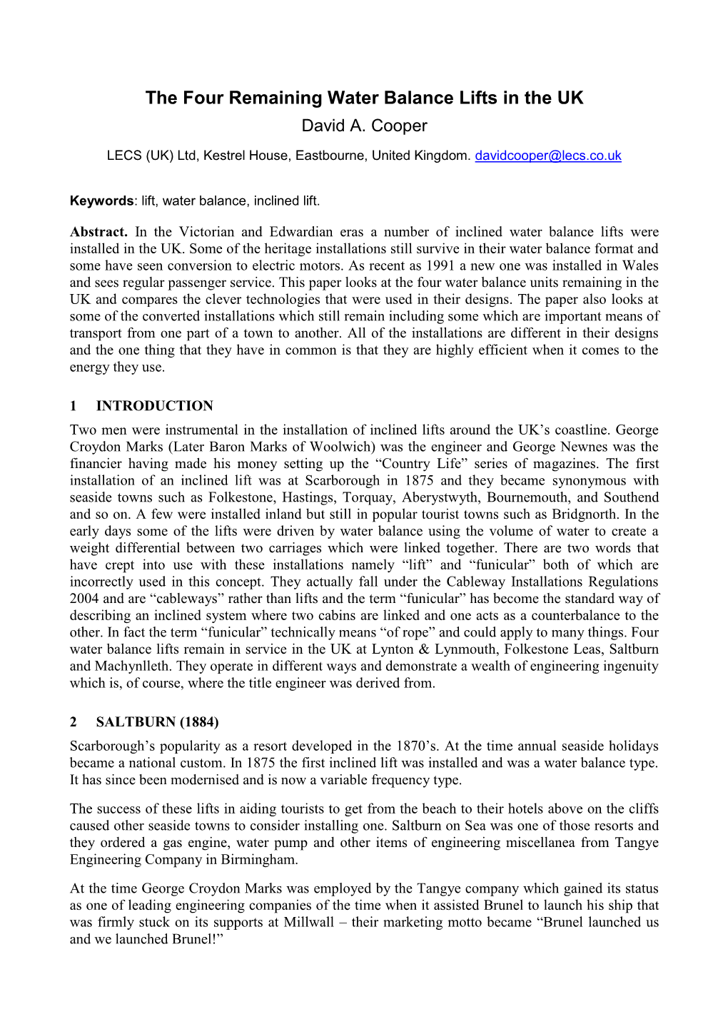 The Four Remaining Water Balance Lifts in the UK David A