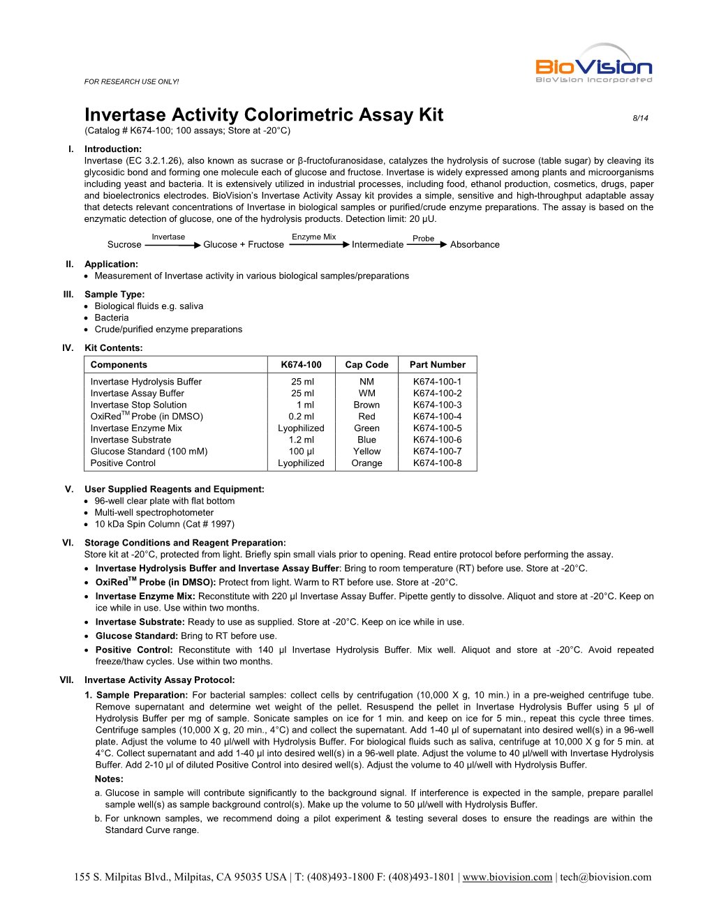 Invertase Activity Colorimetric Assay Kit 8/14 (Catalog # K674-100; 100 Assays; Store at -20°C) I