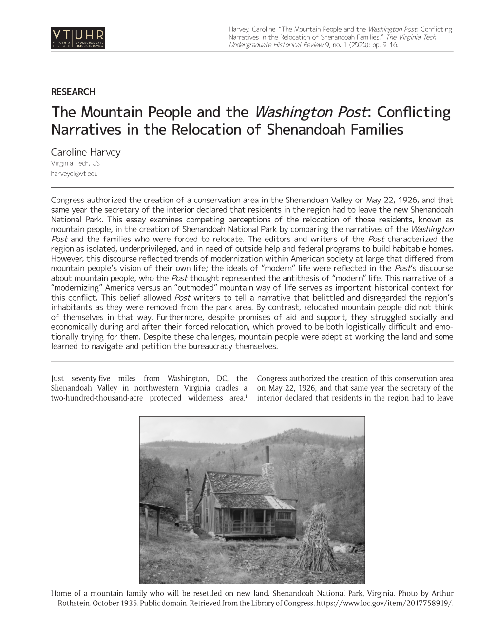 Conflicting Narratives in the Relocation of Shenandoah Families.” the Virginia Tech Undergraduate Historical Review 9, No