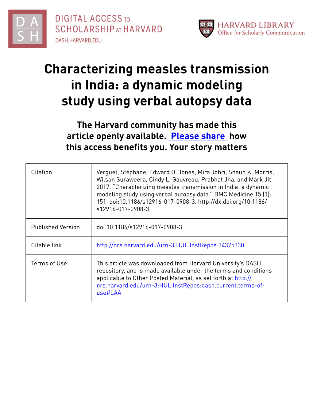 Characterizing Measles Transmission in India: a Dynamic Modeling Study Using Verbal Autopsy Data