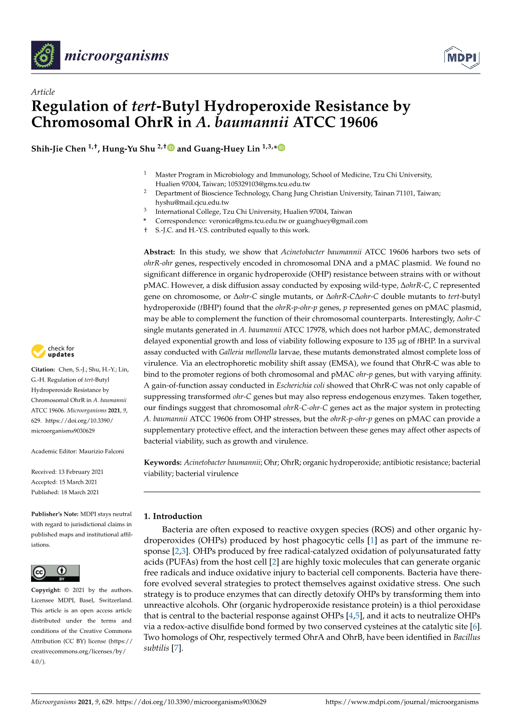 Regulation of Tert-Butyl Hydroperoxide Resistance by Chromosomal Ohrr in A