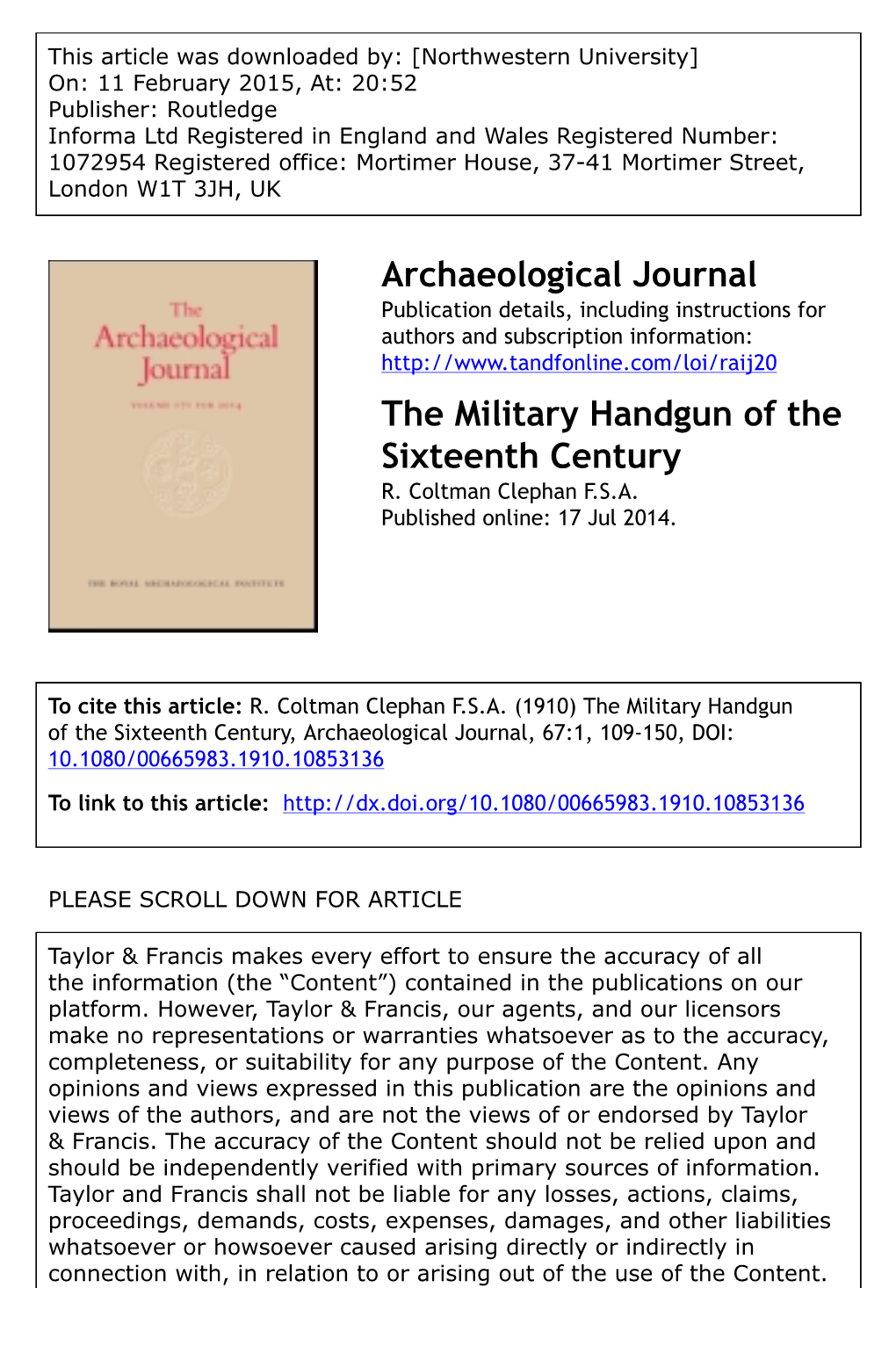 Archaeological Journal the Military Handgun of the Sixteenth Century