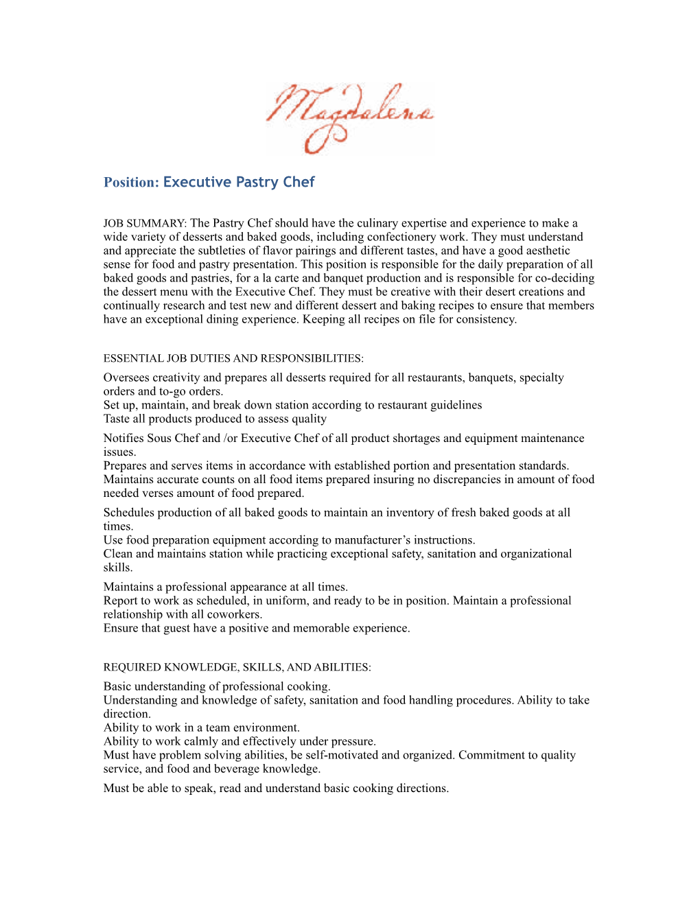 Pastry Chef Job Description