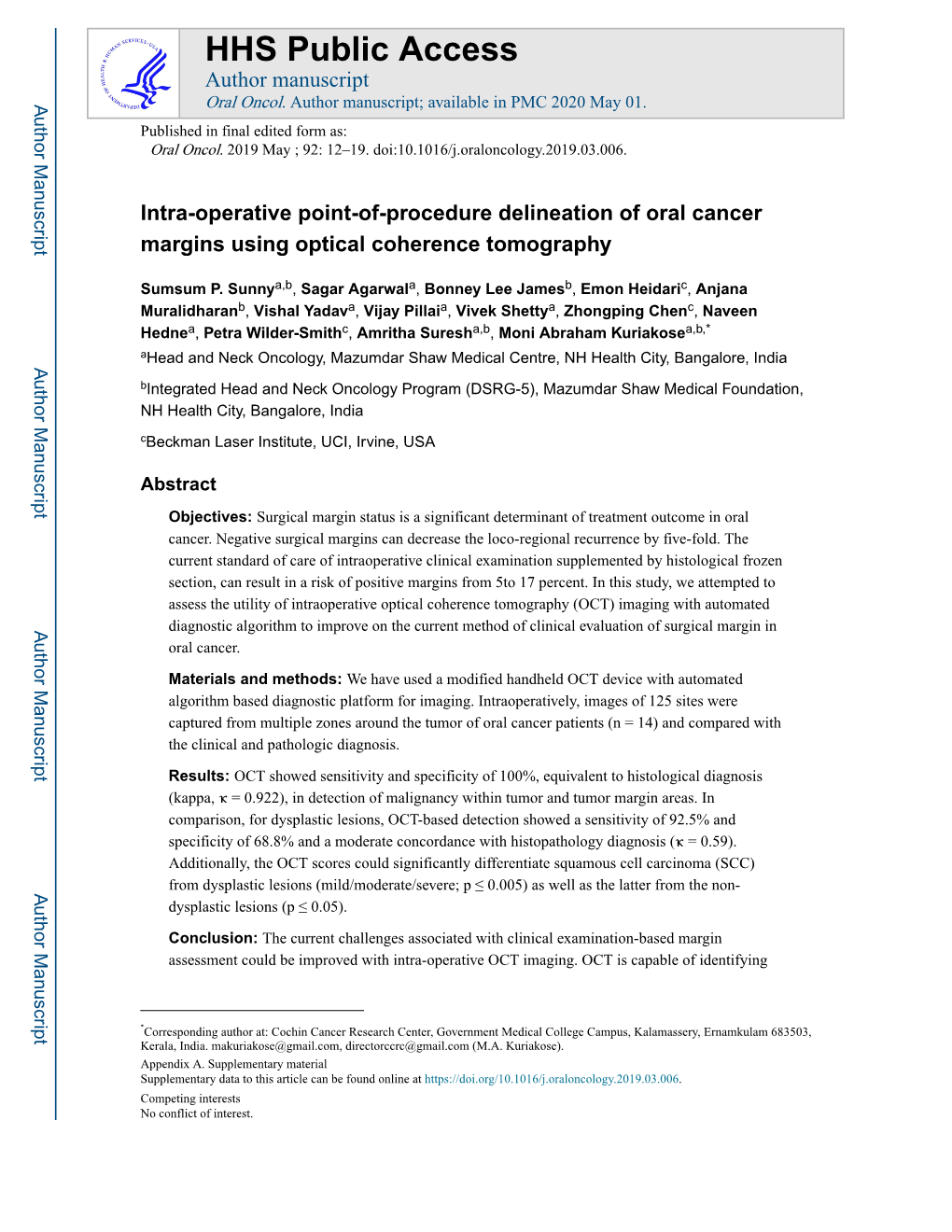 Intra-Operative Point-Of-Procedure Delineation of Oral Cancer Margins Using Optical Coherence Tomography