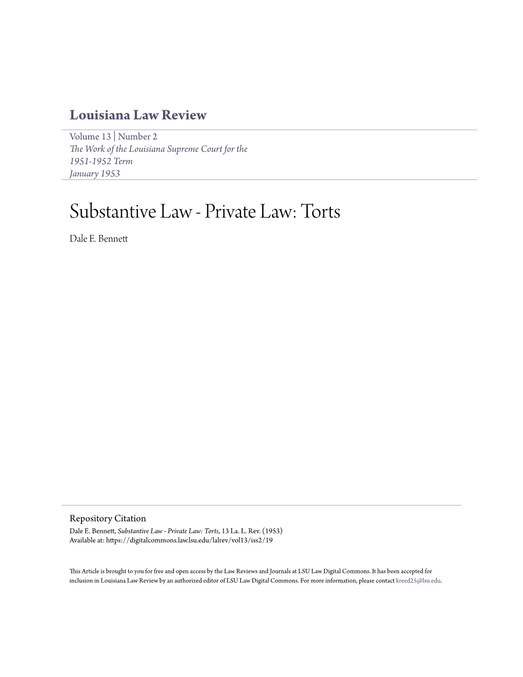 Substantive Law - Private Law: Torts Dale E