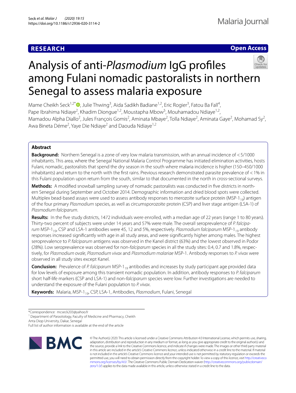 Analysis of Anti-Plasmodium Igg Profiles Among Fulani Nomadic
