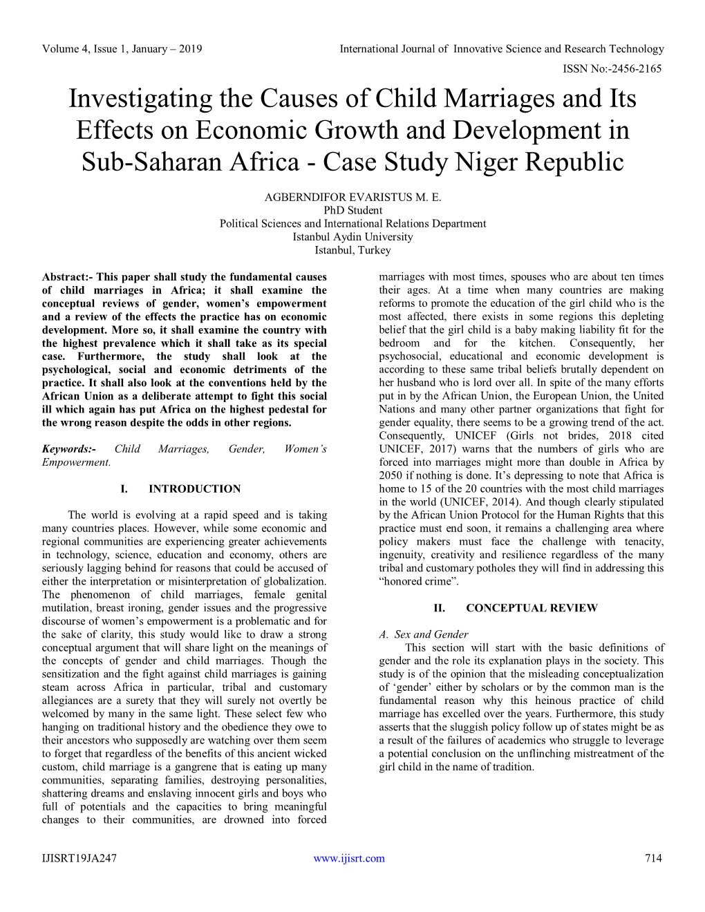 Investigating the Causes of Child Marriages and Its Effects on Economic Growth and Development in Sub-Saharan Africa - Case Study Niger Republic