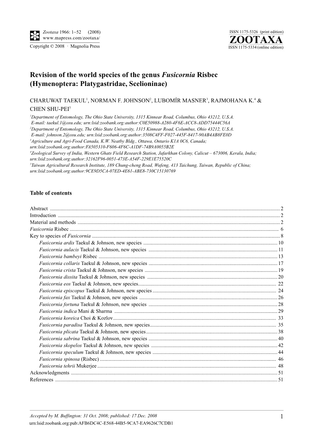 Zootaxa, Revision of the World Species of the Genus Fusicornia Risbec