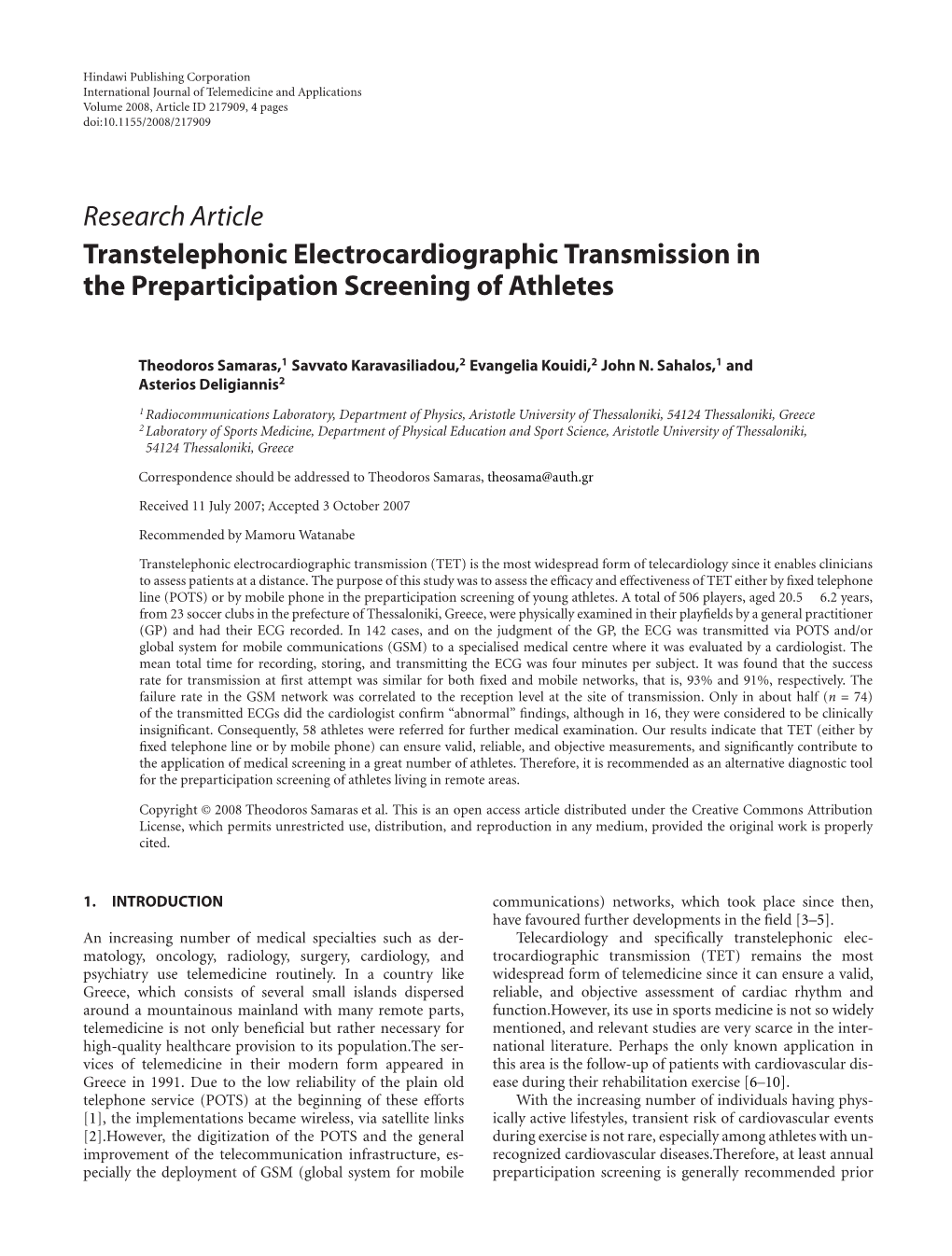 Transtelephonic Electrocardiographic Transmission in the Preparticipation Screening of Athletes
