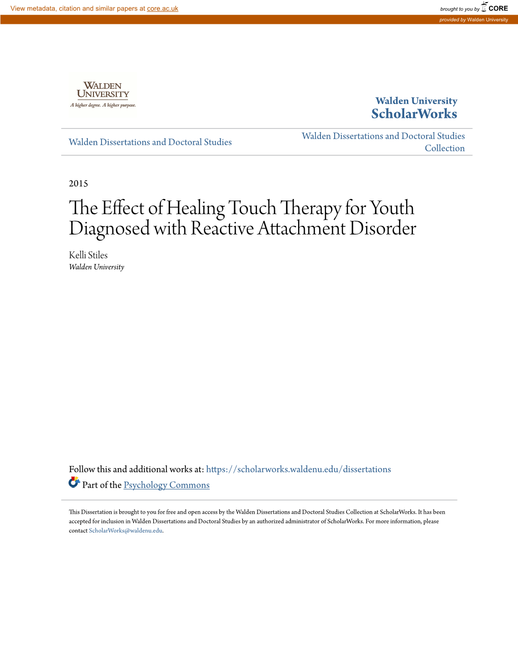 The Effect of Healing Touch Therapy for Youth Diagnosed with Reactive