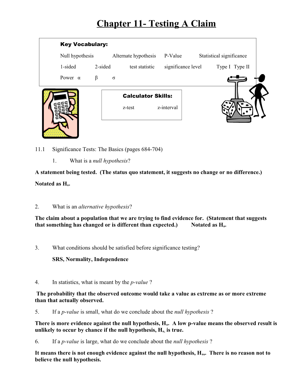 Chapter 11- Testing a Claim