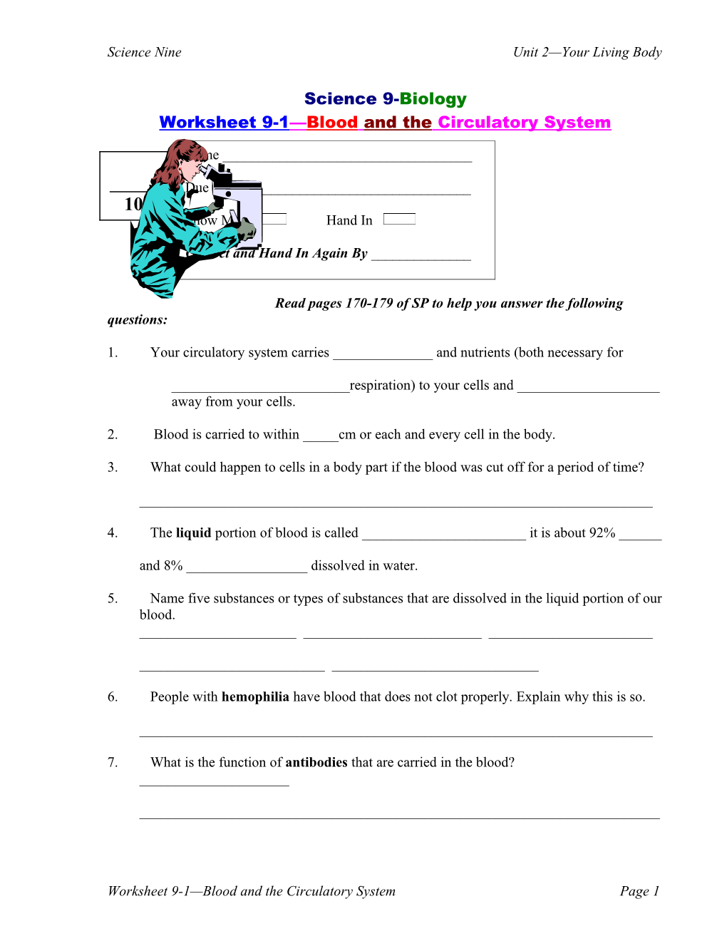 Worksheet 9-1 Blood and the Circulatory System