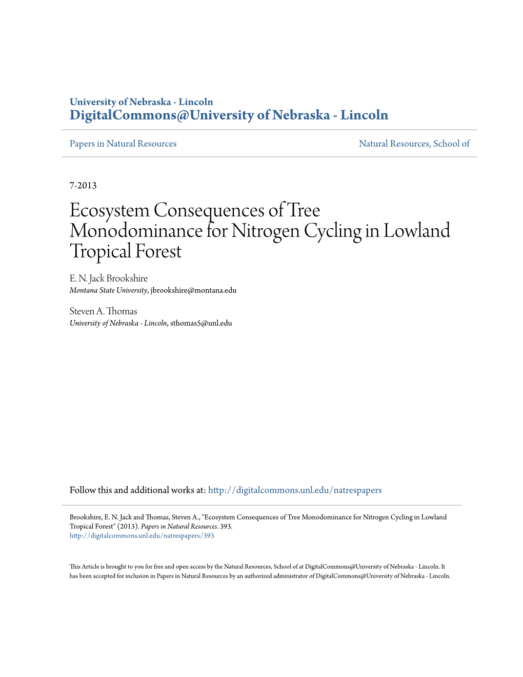 Ecosystem Consequences of Tree Monodominance for Nitrogen Cycling in Lowland Tropical Forest E