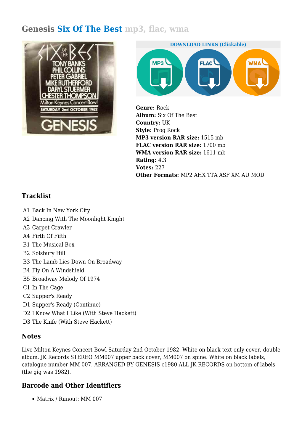 Genesis Six of the Best Mp3, Flac, Wma