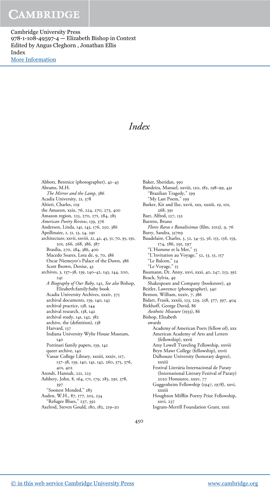 Cambridge University Press 978-1-108-49597-4 — Elizabeth Bishop in Context Edited by Angus Cleghorn , Jonathan Ellis Index More Information