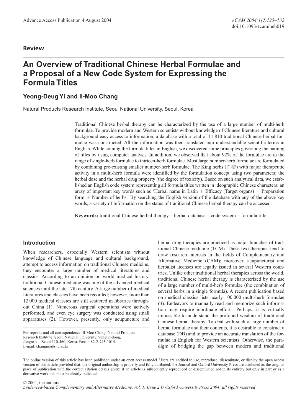 An Overview of Traditional Chinese Herbal Formulae and a Proposal of a New Code System for Expressing the Formula Titles