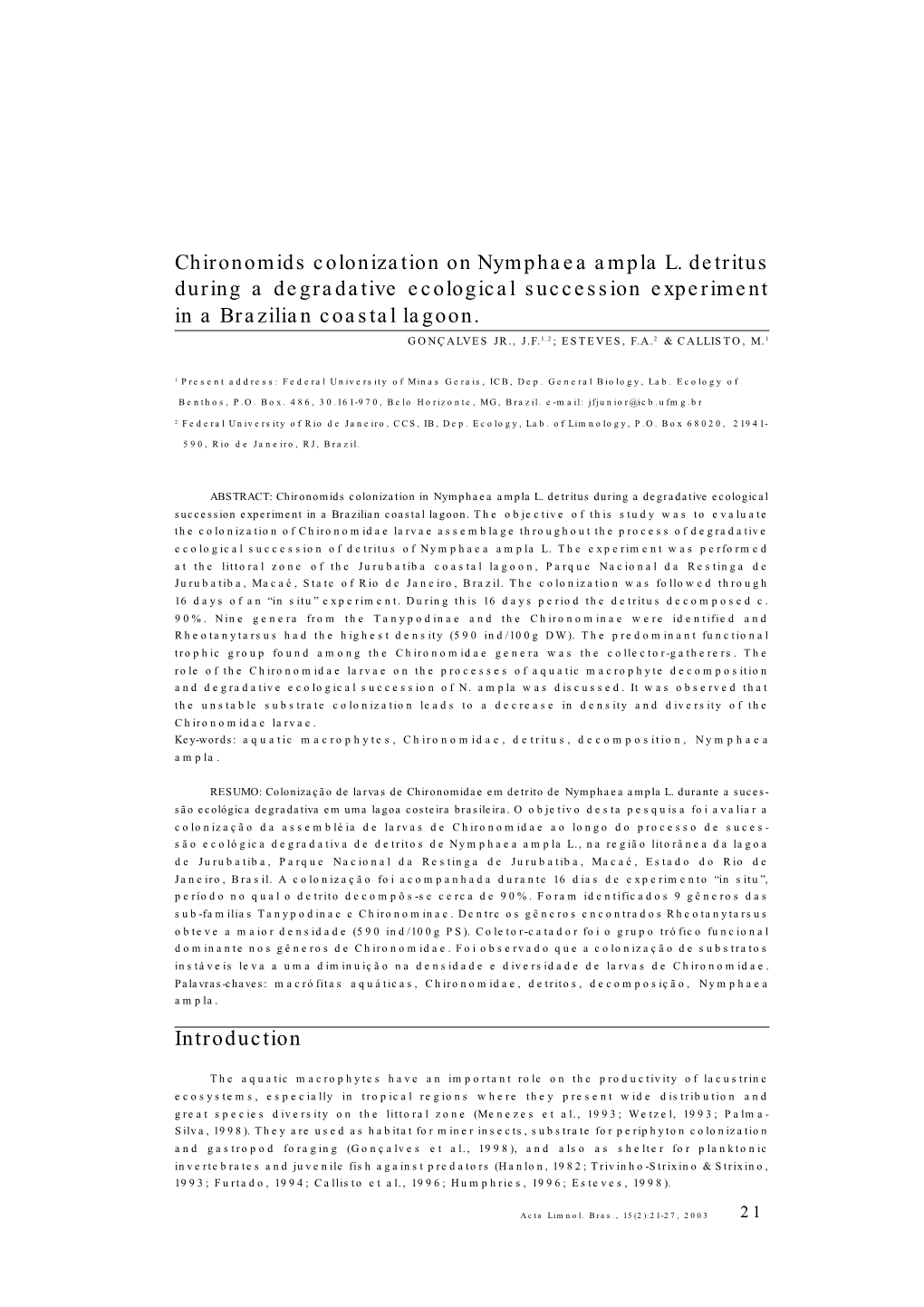 Chironomids Colonization on Nymphaea Ampla L. Detritus During a Degradative Ecological Succession Experiment in a Brazilian Coastal Lagoon