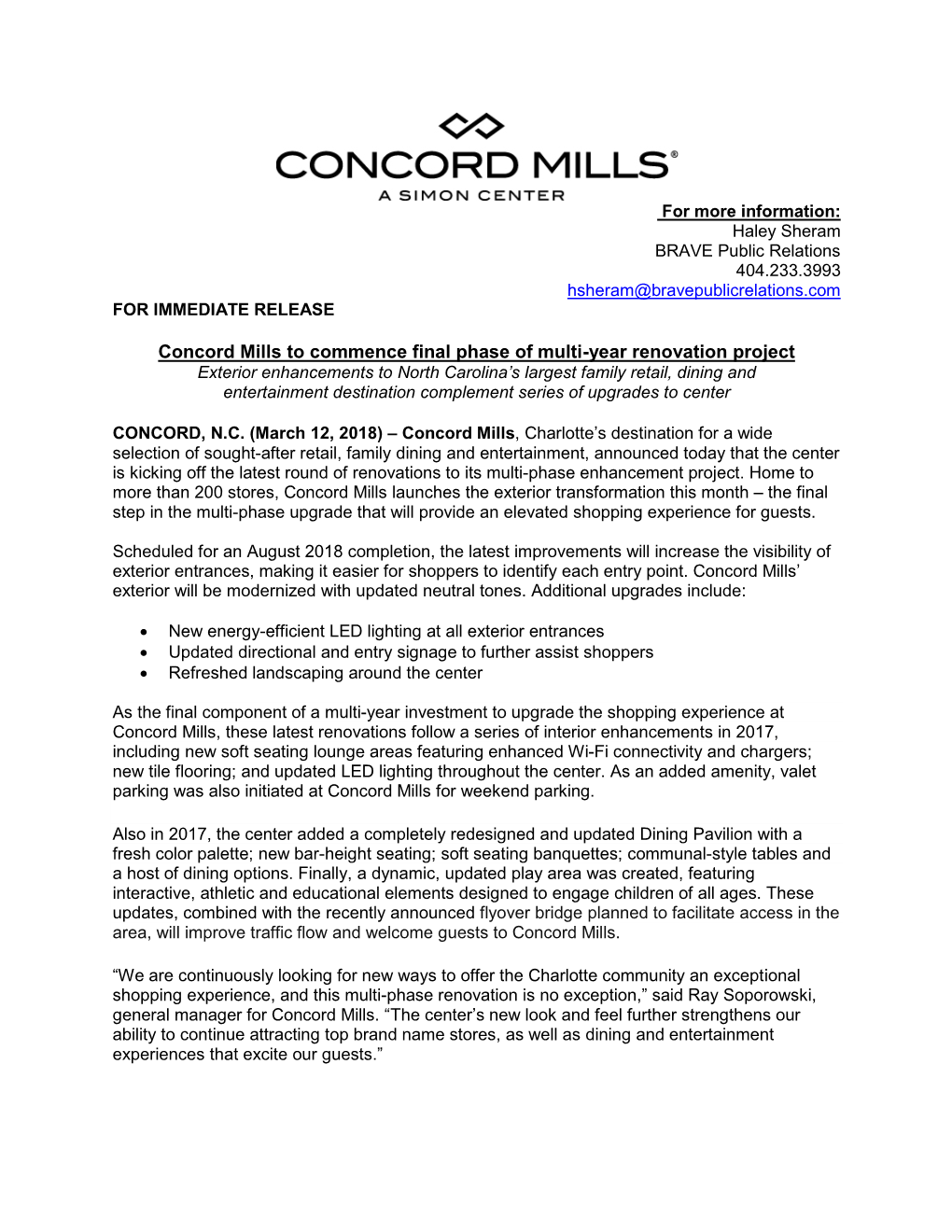 Concord Mills to Commence Final Phase of Multi-Year Renovation Project