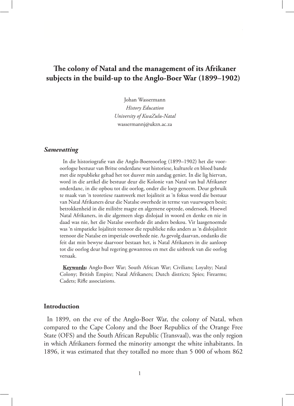 The Colony of Natal and the Management of Its Afrikaner Subjects in the Build-Up to the Anglo-Boer War (1899–1902)