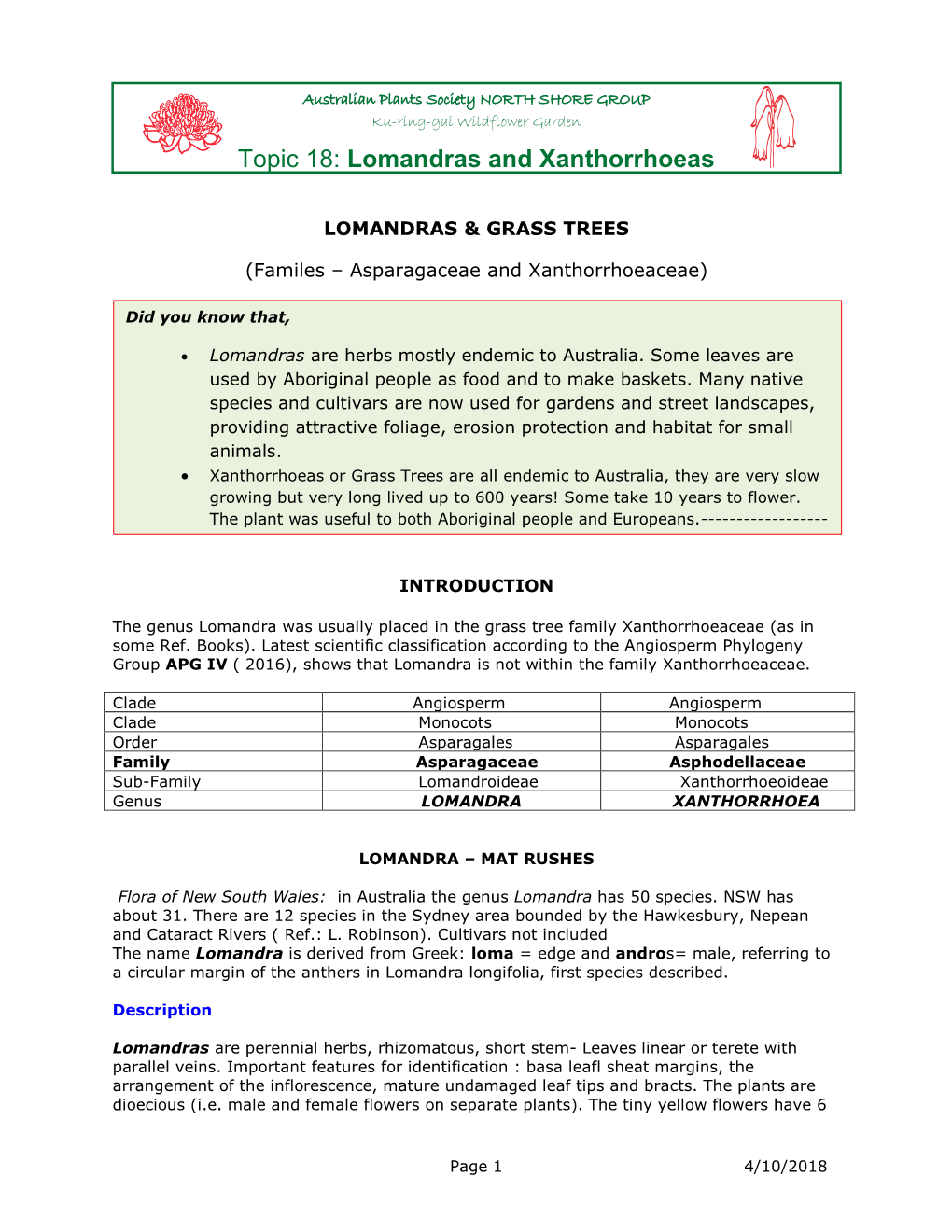 Topic 18: Lomandras and Xanthorrhoeas